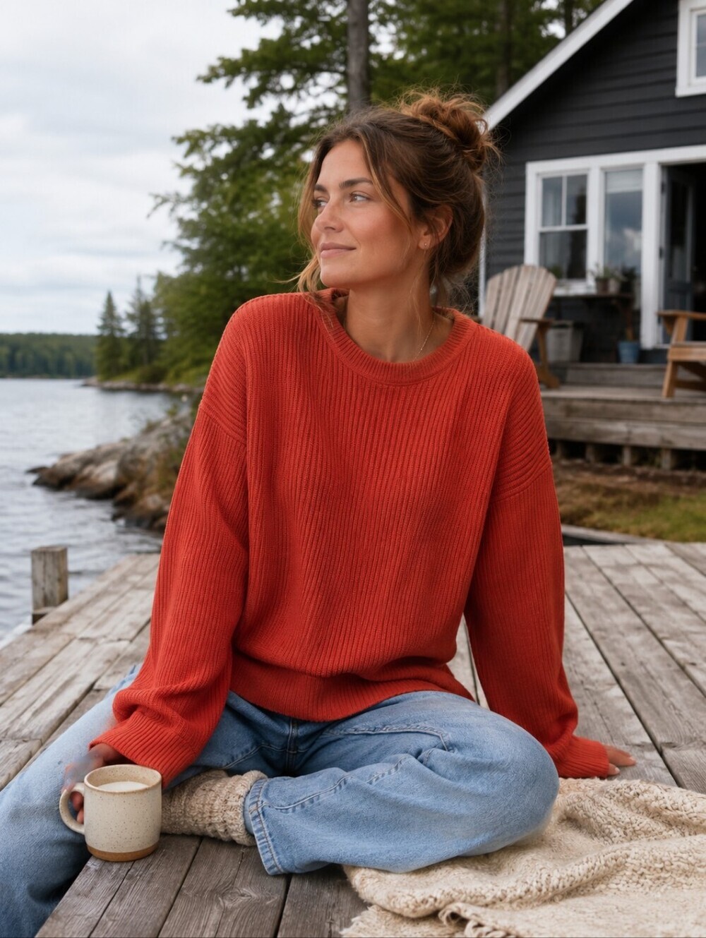 FRENCH CONNECTION Oversize Acrylic Knit Crewneck Sweater Burnt Orange Size M